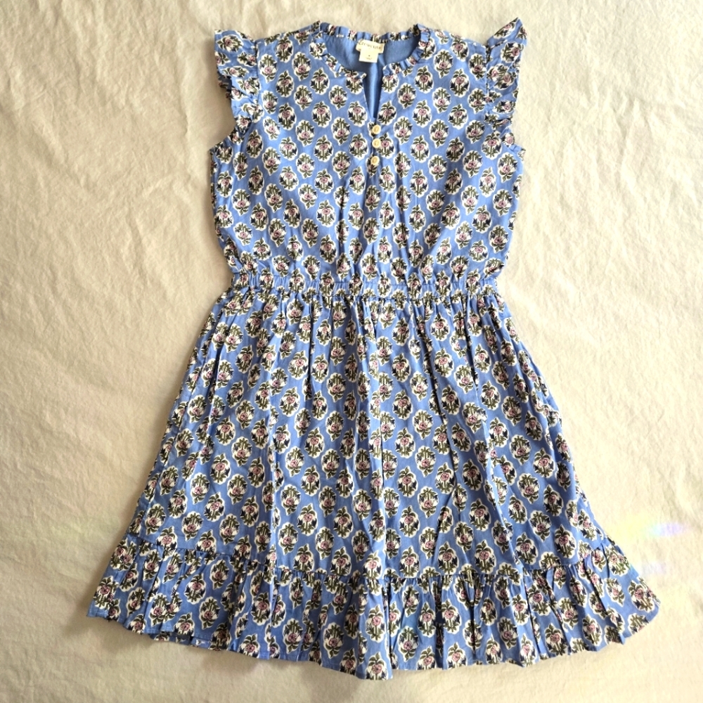Crewcuts Girls Cornflower Blue Cotton Dress Floral Ruffle Cap Sleeves 8